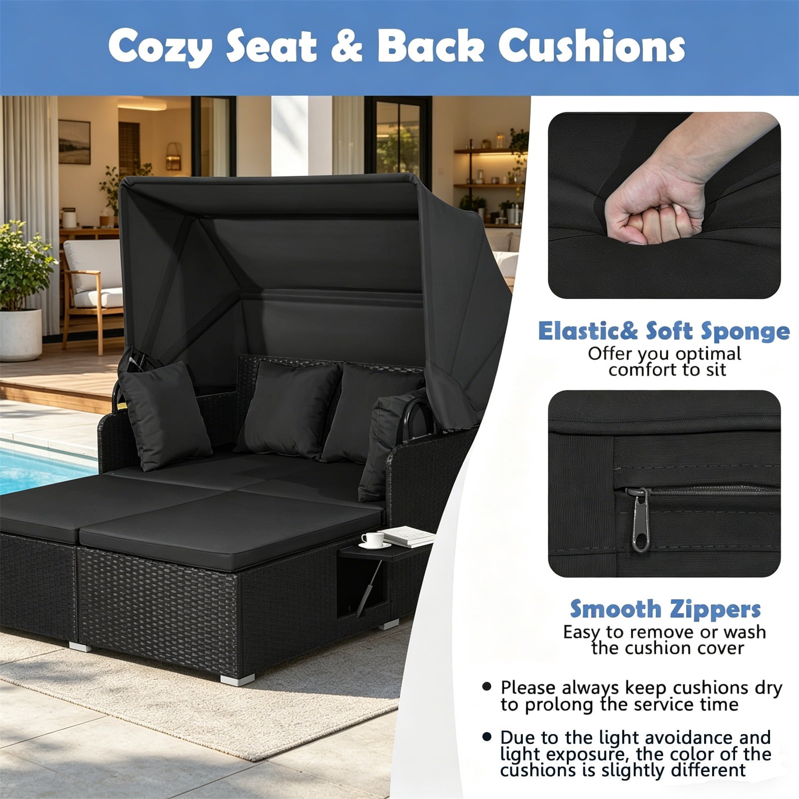 Hommoo Patio Rattan PE Wicker Daybed Lounge with Retractable Canopy and Side Tables, Black