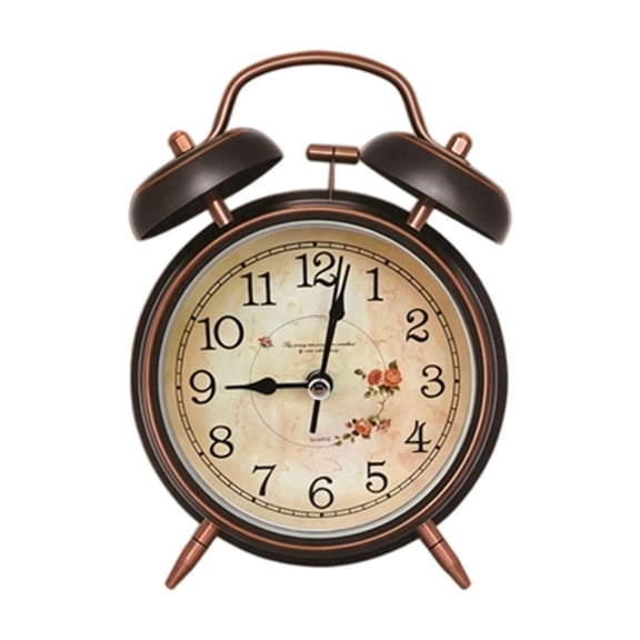 Retro Dark Brown Desk Clock, 4.9x6.6'' Decorative Table Clock with Bell Top, Silent Non-Ticking Mantel Clock for Living Room or Bedroom, Wood Dial, Battery Operated