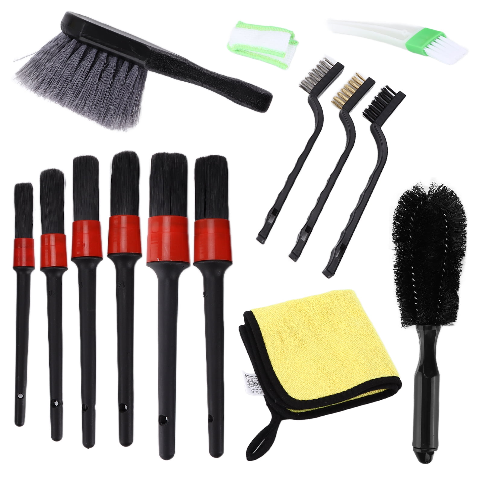 Rupoun 14pcs Car Detailing Brush Kit with Microfiber Cloths and Wire Brushes for Cleaning Wheel, Interior, Dashboard, and Engine Components - 10.63 inches / 27 cm Length Pack
