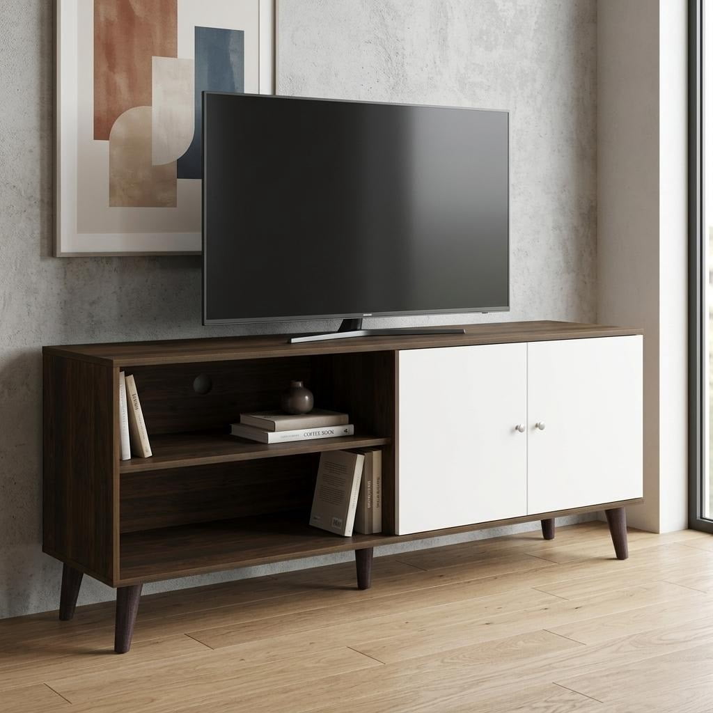 MOONMISS TV Stand for TVs up to 70",with 2 Storage Shelves& 1 Cabinet,Wood Modern Entertainment Centre for TV in Living Room,Walnut