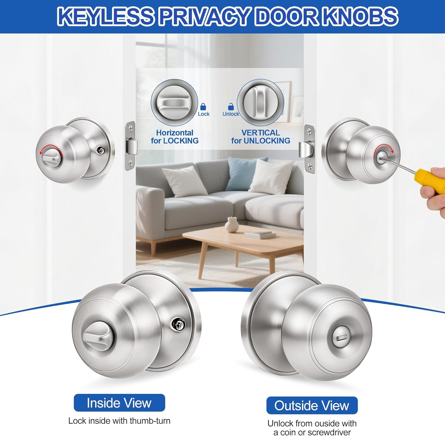 5 Pack Matte Black Door Knobs, Privacy Door Knob with Lock, Interior Doorknobs with Round Ball, Keyless Door Lockset for Bedrooms Bathrooms