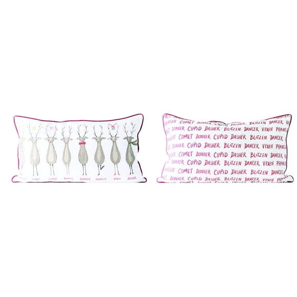 Creative Co-Op Rectangle Santa's Reindeer Cotton Red Piping Pillows, Multicolored