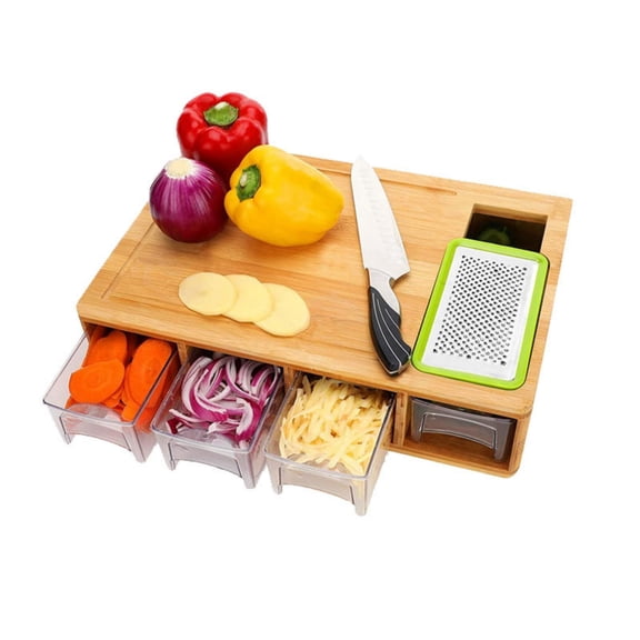 Asoricing Bamboo Cutting Board with Drawers, Large Chopping Board Set with Grater, Multi-Function Kitchen Prep Station with Storage Trays for Vegetables and Fruits