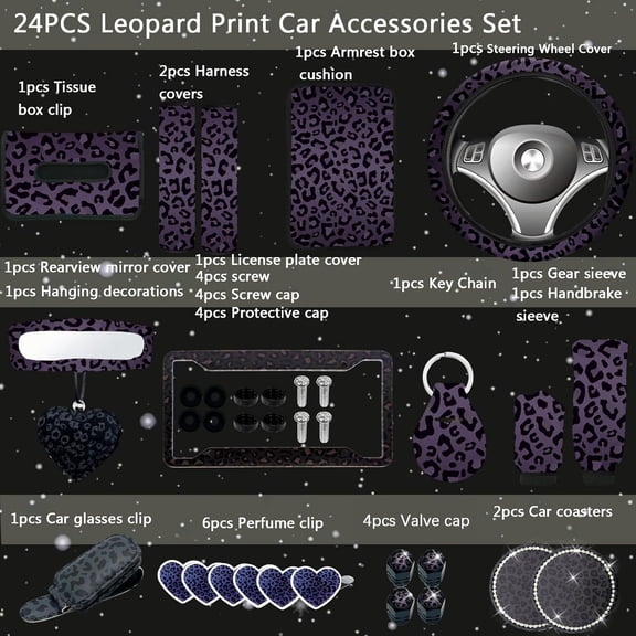 24 Pcs Leopard Print Car Accessories,Including License Plate Frame,Rearview Mirror Decoration,Etc,Suitable for Sedan,SUV and Other,Cute Car Interior Set for Women (Black)