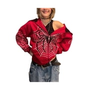 Women Y2k Zip Up Hoodie Spider Web Print Hooded Sweatshirt Long Sleeve Jacket Oversized Coat Streetwear