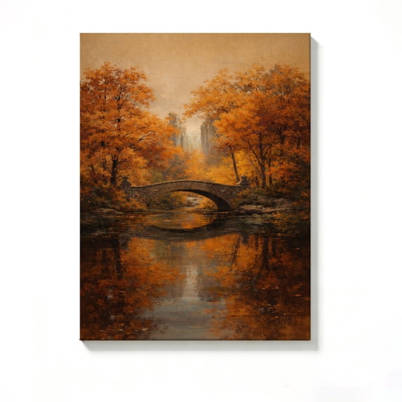 FLASHLUMI 8x12 Inch Autumn Stone Bridge Over River Oil Painting Canvas Wall Art, Rustic Fall Landscape Decor for Living Room Bedroom, No Frame