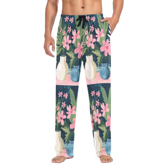FORMRS Mens Pajama Pants with Pockets Soft Cotton Sleepwear Lounge Bottoms, Sizes S-2XL, Green Floral