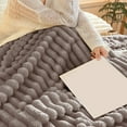 thumbnail image 5 of Djunllk Double Layer Throw Blanket for Couch - 39" x 59" Raschel Striped Soft Blanket, Lightweight Fuzzy Throw Blankets for Bed, All Year Round Bed Blanket Home Decor, Gray, 5 of 6