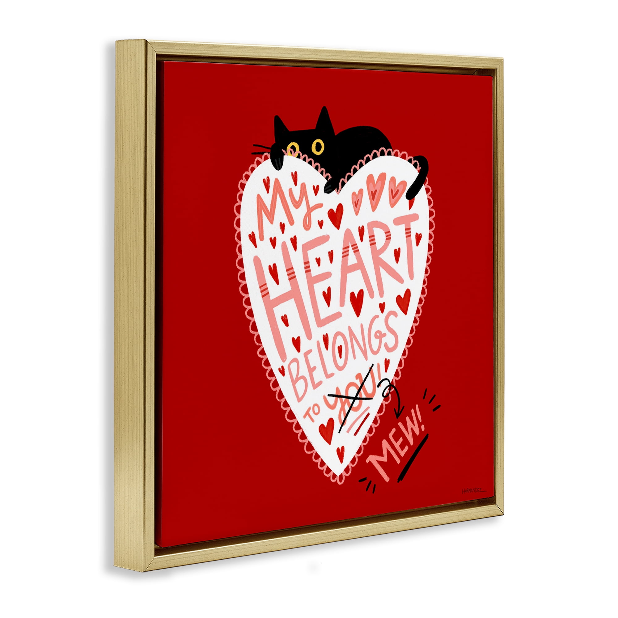 Stupell Industries Heart Belongs To Mew Animals Painting Gold Floater Framed Canvas Art Print Wall Art, 25 x 25