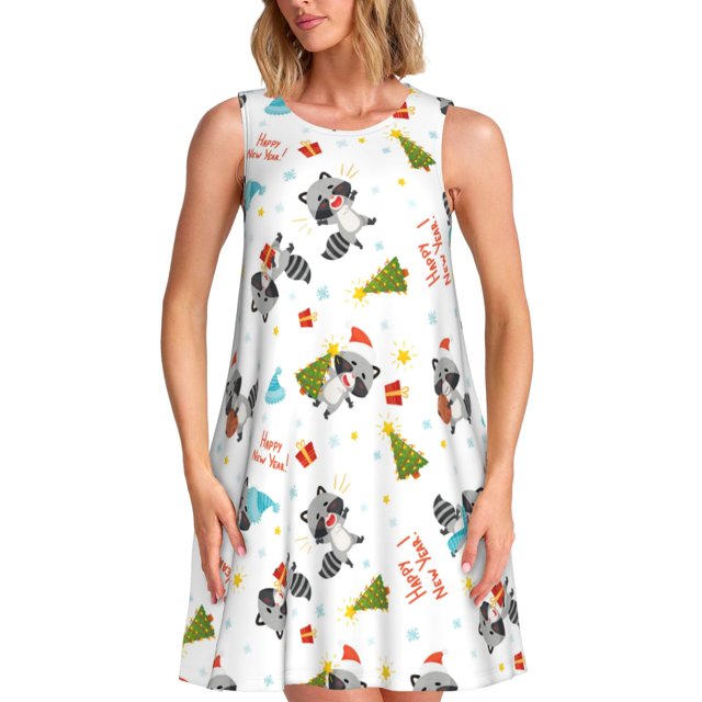 Balery happy new year Raccoon Vestidos de verano para mujer con estampado: vestido holgado sin mangas, vestido playero informal y cómodo para días calurosos.