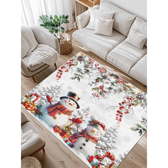 Christmas Area Rug for Bedroom 3x5 Ft Winter Pine Leaves Berries Snowman Gifts Snowflakes Super Soft fuzzy Throw Rug Non-Slip Fluffy Plush Indoor Floor Carpet for Living Room Nursery Home Decor
