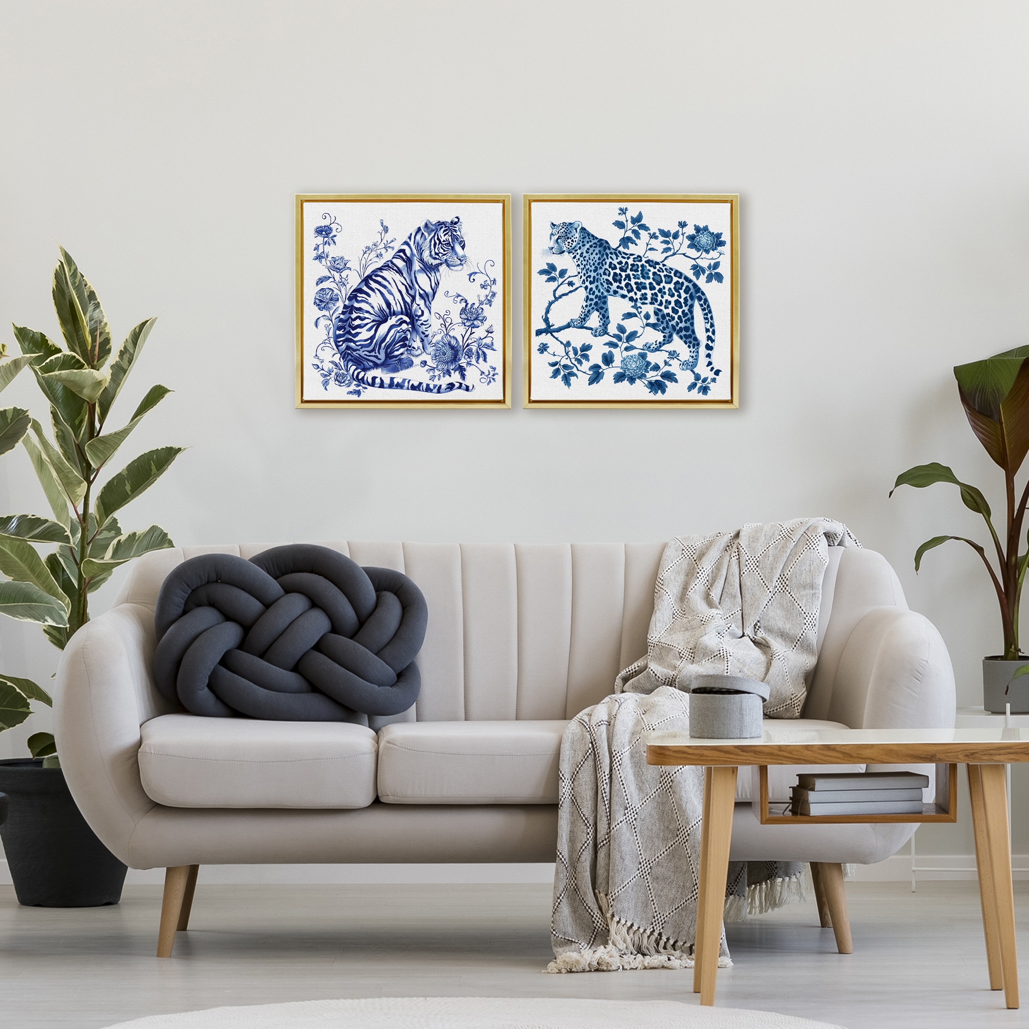 Ornate & Detailed Large Cats 2 Piece Gold Framed Floater Canvas Set, design by Lettered and Lined