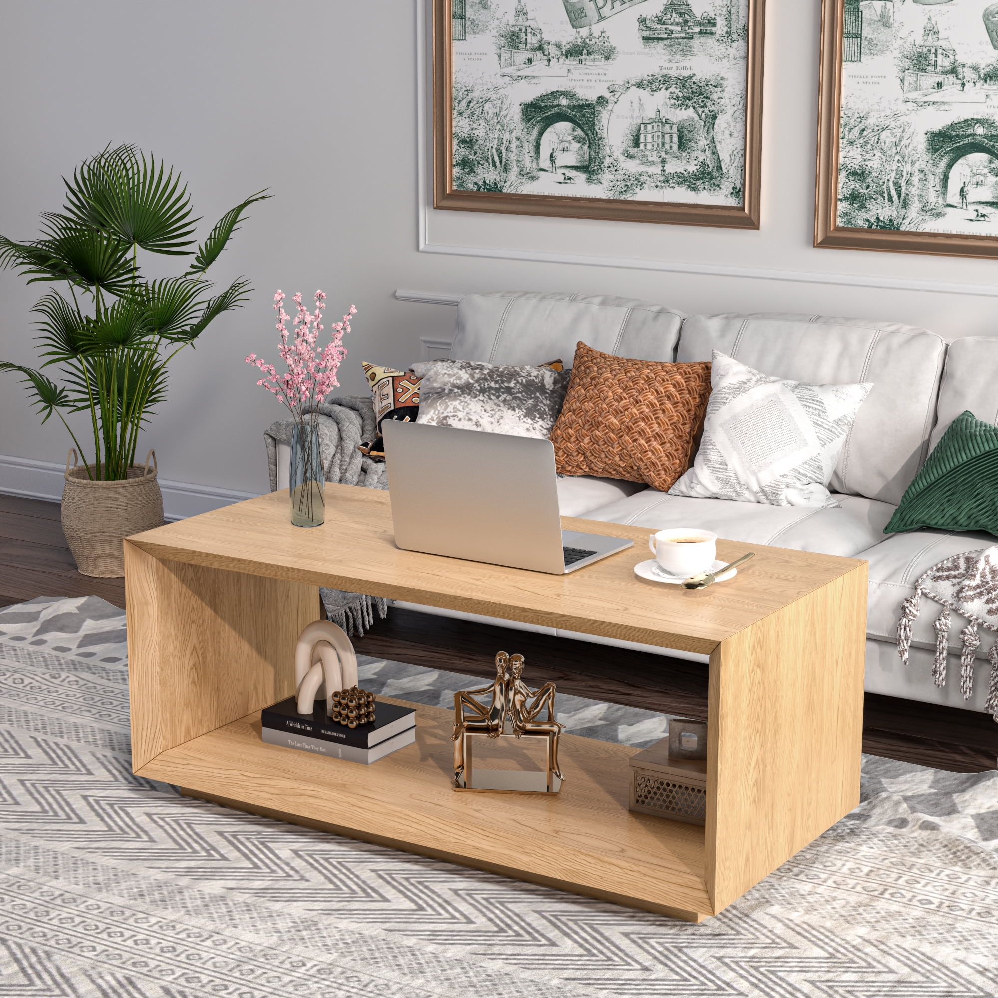 Farmhouse Wood Coffee Table, Rectangle Coffee Table, Simple 2-Tier (Oak)