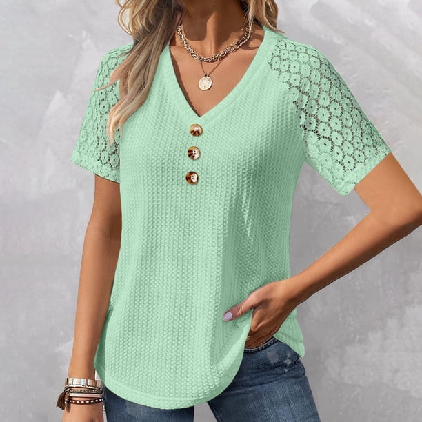 ICHUANYI Clearance Fashion Womens Casual Solid Color V Neck Lace Stitching Short Sleevet Tops Loose Blouses(Green, S) ICHUANYI WER2023080817584