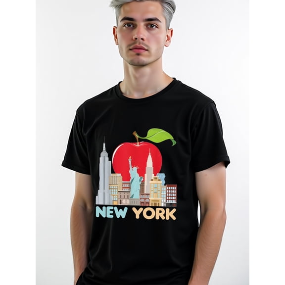NYC Apple Cityscape Tee Mens Crew neck T-shirts black funny graphic Spring and summer outdoor loungewear Trendy Unisex Shirt Short Sleeve tshirts