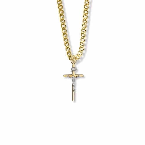 10K Gold Filled cross crucifix in a 2-Tone and Stick Design cross crucifix Pendant Comes with a 18'' Chain Necklace in a deluxe velvet box