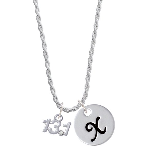 Delight Jewelry Silvertone Half Marathon - 13.1 with Clear Crystal Silvertone Script Initial Disc - X - Charm Necklace, 20" 3"