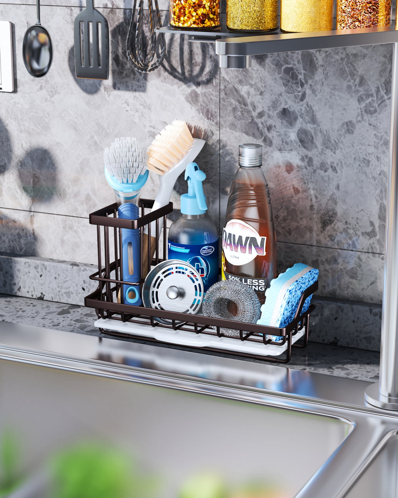  Cisily Kitchen Sink Caddy Organizer, Rustproof Non-Slip Soap  Dish Dispenser Brush, Sponge Holder for Kitchen Sink, Kitchen Organization  and Storage, Home Essentials Accessories（Matte Black）