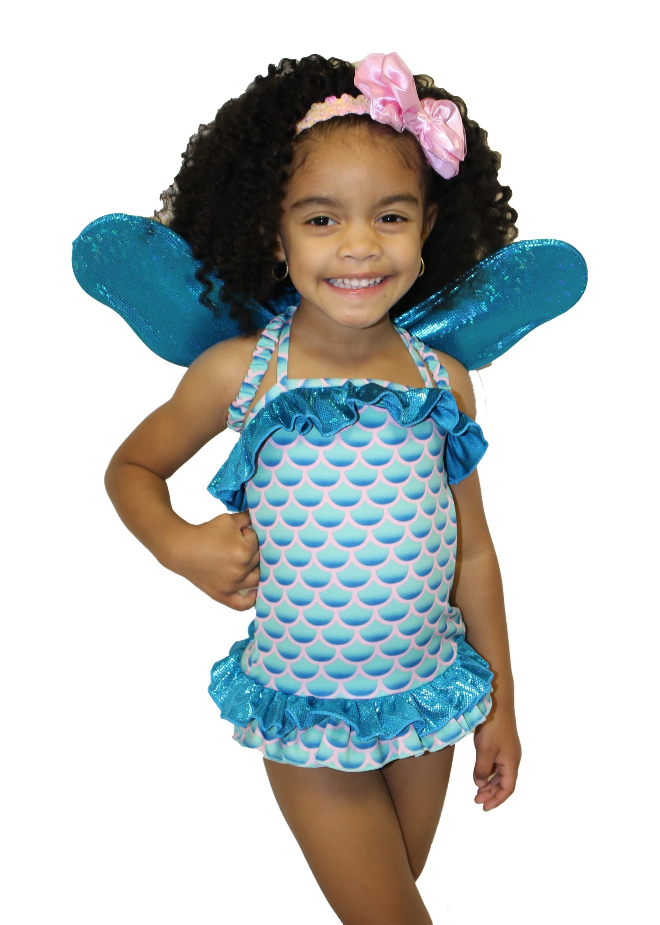 Teeny Wingkini - Little Girls Blue Mermaid Wings One Piece Swimsuit 2-7