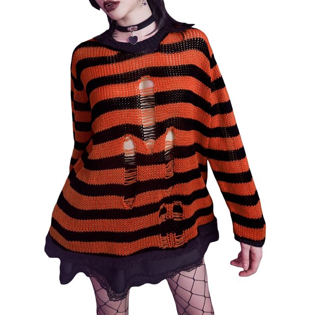 Sunloudy Women Knit Sweater Long Sleeve Crew Neck Striped Ripped Pullover Tops Spring Fall Streetwear