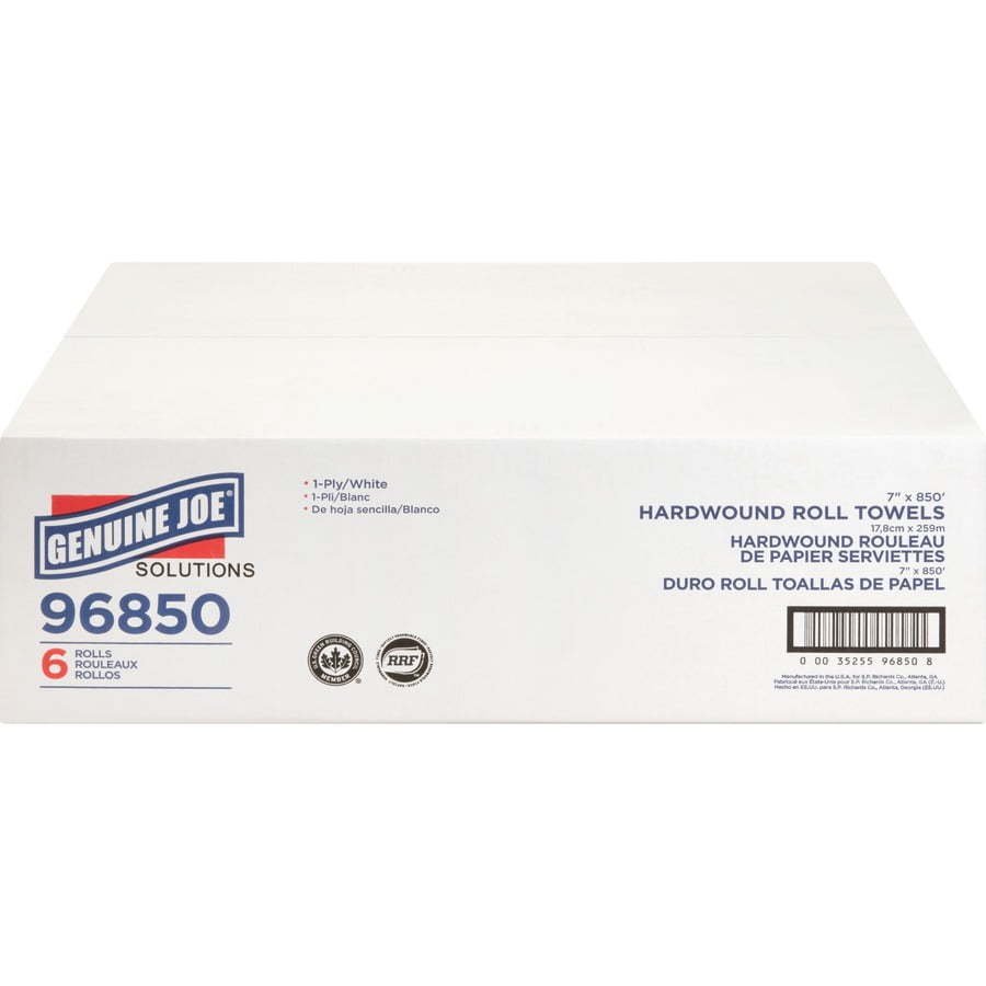 Genuine Joe Solutions 850' Roll Hard Wound Paper Towels - 1 Ply - 7" X 850 Ft - White - Virgin Fiber - Soft, Embossed, Absorbent, Eco-friendly, Strong - 6 / Carton
