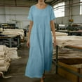 thumbnail image 4 of FRSASU Robe en Coton et Lin pour Femme à Manches Courtes, Col Rond, Robe Maxi Bohème, Décontractée, Été, Modeste, Longue et Fluide, Plage, Vacances, Bleu Pâle, TTG (TTG), 4 of 5