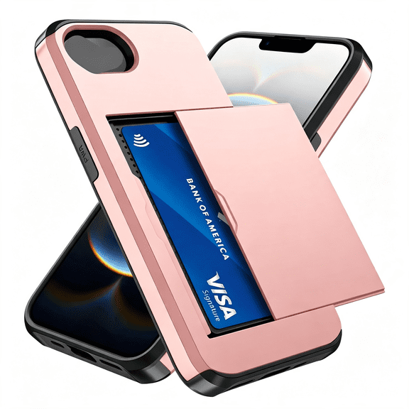 GJX Compatible with Iphone 16E Case & Iphone 17E Case Wallet,Built-In Card Holder,Dual Layer Shockproof Hidden Card Slot Slim Wallet Phone Cover for Iphone 16E/17E,Rose Gold