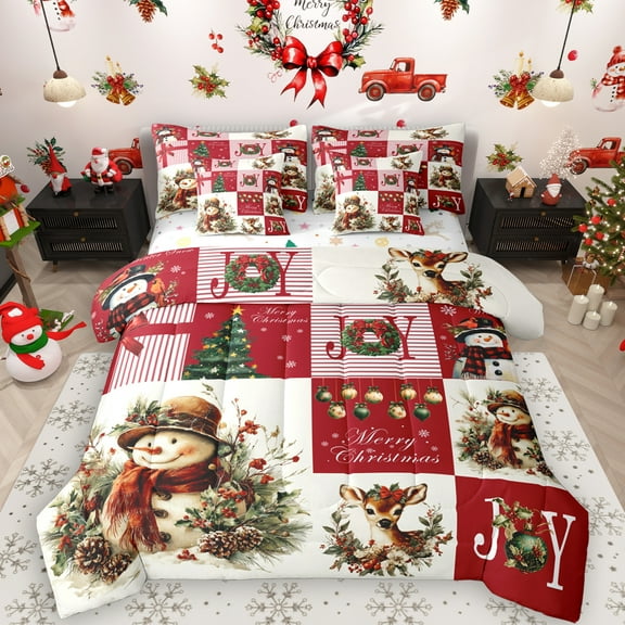 Manfei Kawaii Christmas Snowman 7-Piece Twin Bedding Sets for Kids, Vintage Red Buffalo Plaid Bedding Comforter Set, Reindeer Animal Reversible Sheet Sets, Luxury Bedroom Decor