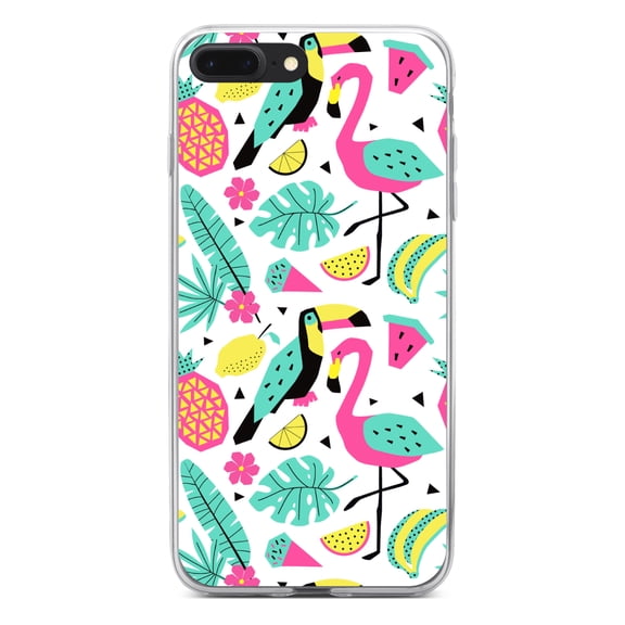 DistinctInk Clear Shockproof Hybrid Case for iPhone 7 PLUS / 8 PLUS (5.5" Screen) - TPU Bumper, Acrylic Back, Tempered Glass Screen Protector - Summer Graphics - Flamingo Toucan Pineapple