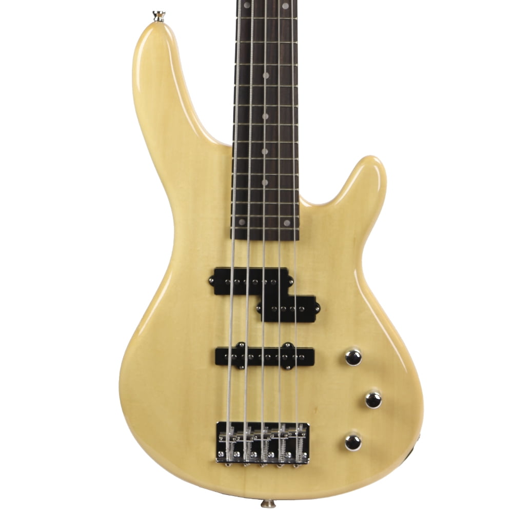 Kona Guitars KE5BN 5-String Electric Bass Guitar with Split Pickup and Custom Fit Tolex Case, Natural Gloss Wood Finish