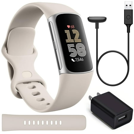 Fitbit Charge 6 Bundle Fitness Tracker Health Watch Power Bundle with Adapter (Porcelain/Silver) Fit Bit Smart Watches for Women & Men with Heart Rate Monitor, GPS and Activity Tracker
