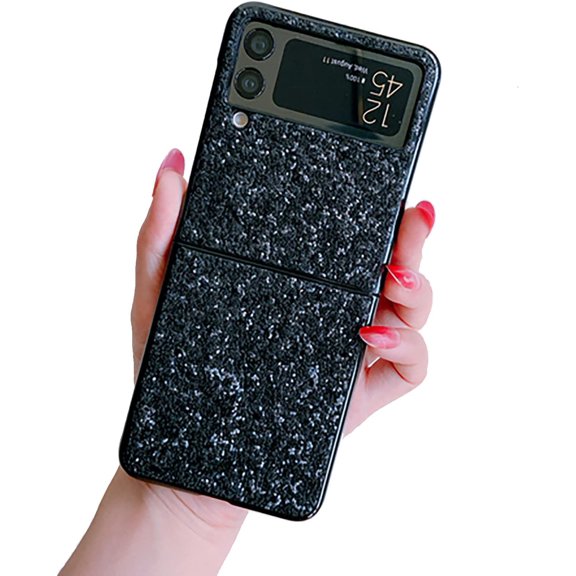 Bling Case Compatible with Samsung Galaxy Z Flip 3 5G 2021,Slim Galaxy Z Flip 3 Case Women Girly Cute Sparkly Glitter Sequins Crystal Diamond Hard PC Back Flexible TPU Bumper Case,Black