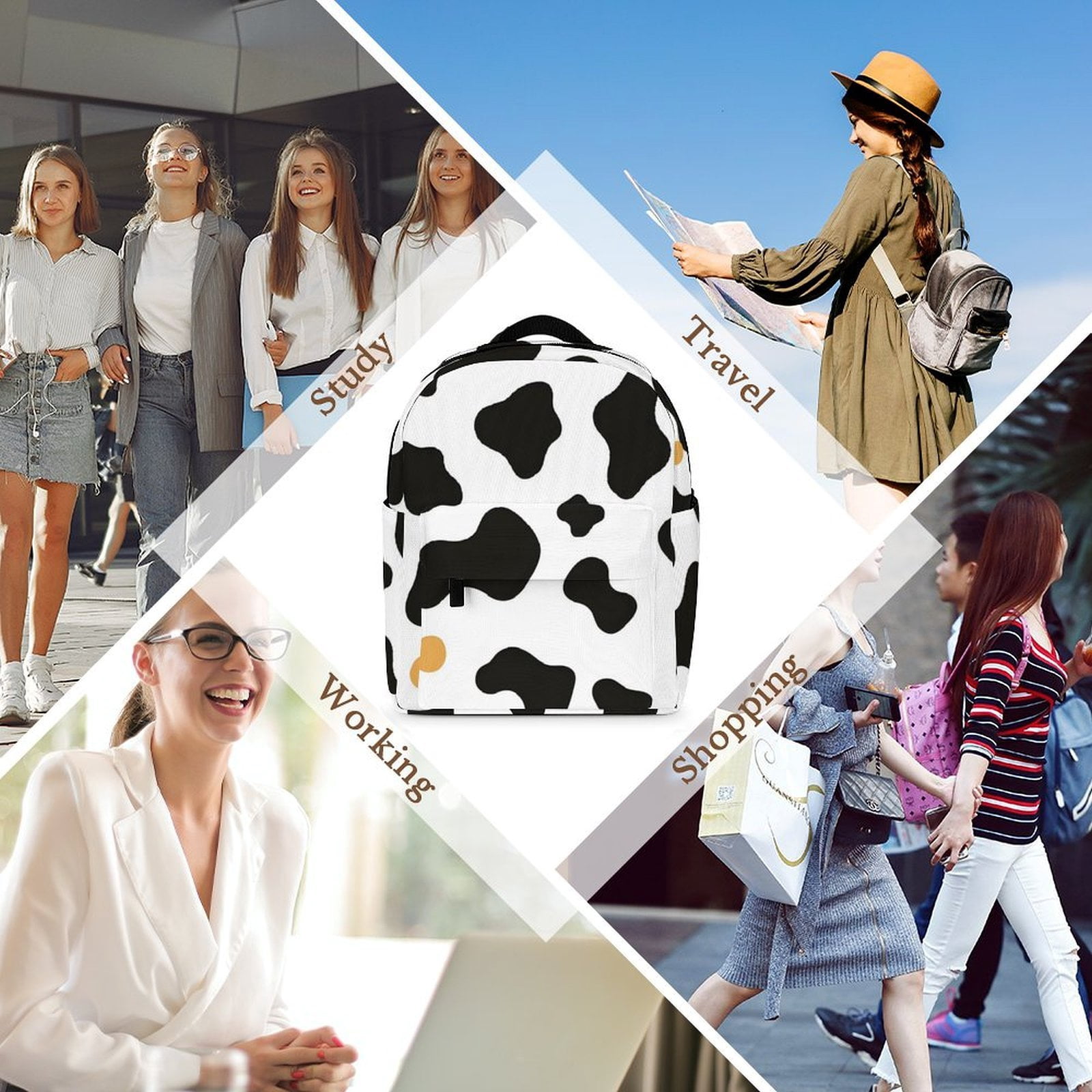8.1×10in Casual Women'S Backpack With Anti-Contraction And Stretch For Sports Activities Travel Picnics Simple Cow Print Pattern, Vector Art Style_2