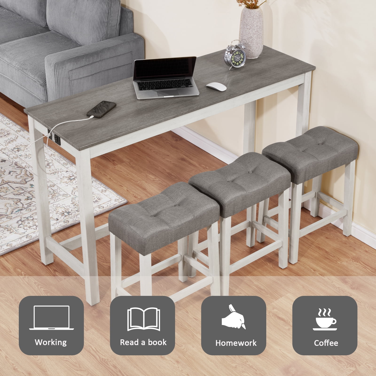 Gewnee 4 Piece Bar Table Set with Power Outlet,Counter Height Pub Table with Padded Stools,Behind Couch Table for Living Room,Dining Room.White & Gray
