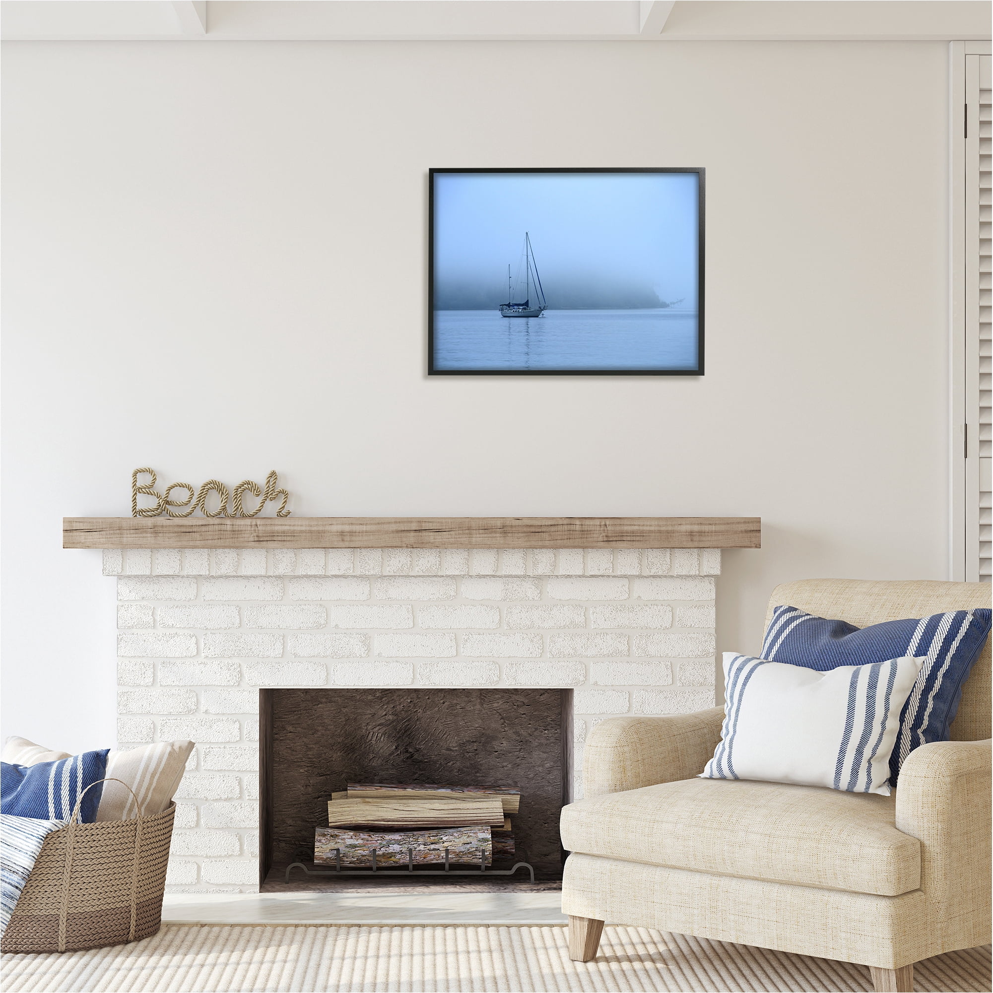 Stupell Industries Foggy Boat Sailing Landscape Photography Black Framed Art Print Wall Art, 30 x 24