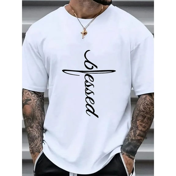 1 pc, 100% cotton T-shirt, Stylistic T Shirt For Men, Plus Size Men Cross Shaped "Blessed" Letter Graphic Print T Shirt, Summer Trendy Short-sleeve Tees Tops For Big & Tall Guys