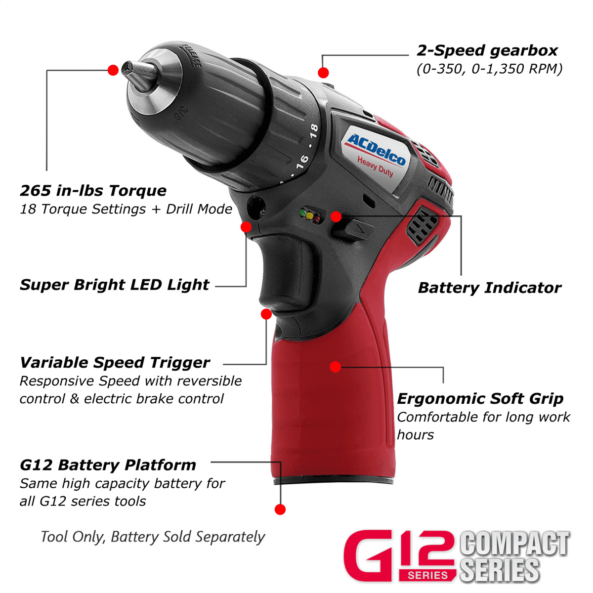 ACDelco ARD12119T G12 Series 12V Cordless Li-ion 3/8” 265 in-lbs. Compact Drill Driver - (Tool Only, No Battery)
