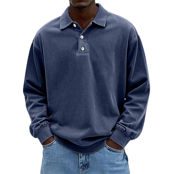 Long Sleeve Shirts for Men Classic Button Golf Shirt Casual Collared Thermal Work Pullover Tops Navy Blue XXL