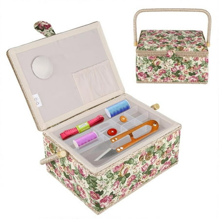 EECOO Craft Box,Fabric Floral Printed Sewing Basket Craft Box Household Sundry Storage Organizer with Handle,Sewing