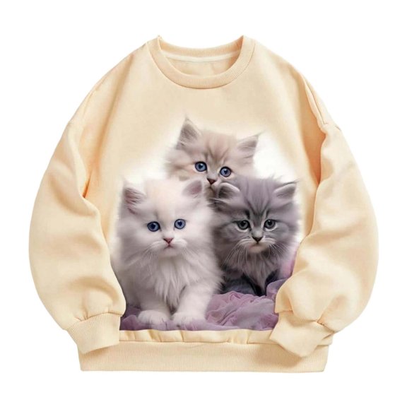 FINALGANG Girls Casual Sweatshirt Kids Cute Cat Print Comfortable Pullover Long Sleeve Crewneck Loose Fit Top For Daily Wear Casual Outings Leisure Top