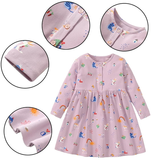 HAOYNU Baby Kids Girls Long Sleeve Dresses Toddler Spring Fall Dress Cartoon Print Dress Princess Dress Floral Dress for 2-7Years