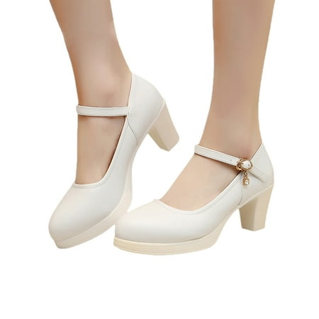 

Ritualay Women s Chunky Platform Mary Jane Shoes Heel Buckled Ankle Strap Dress Shoes Wedding Pumps Office Work White 5.5CM 8.5