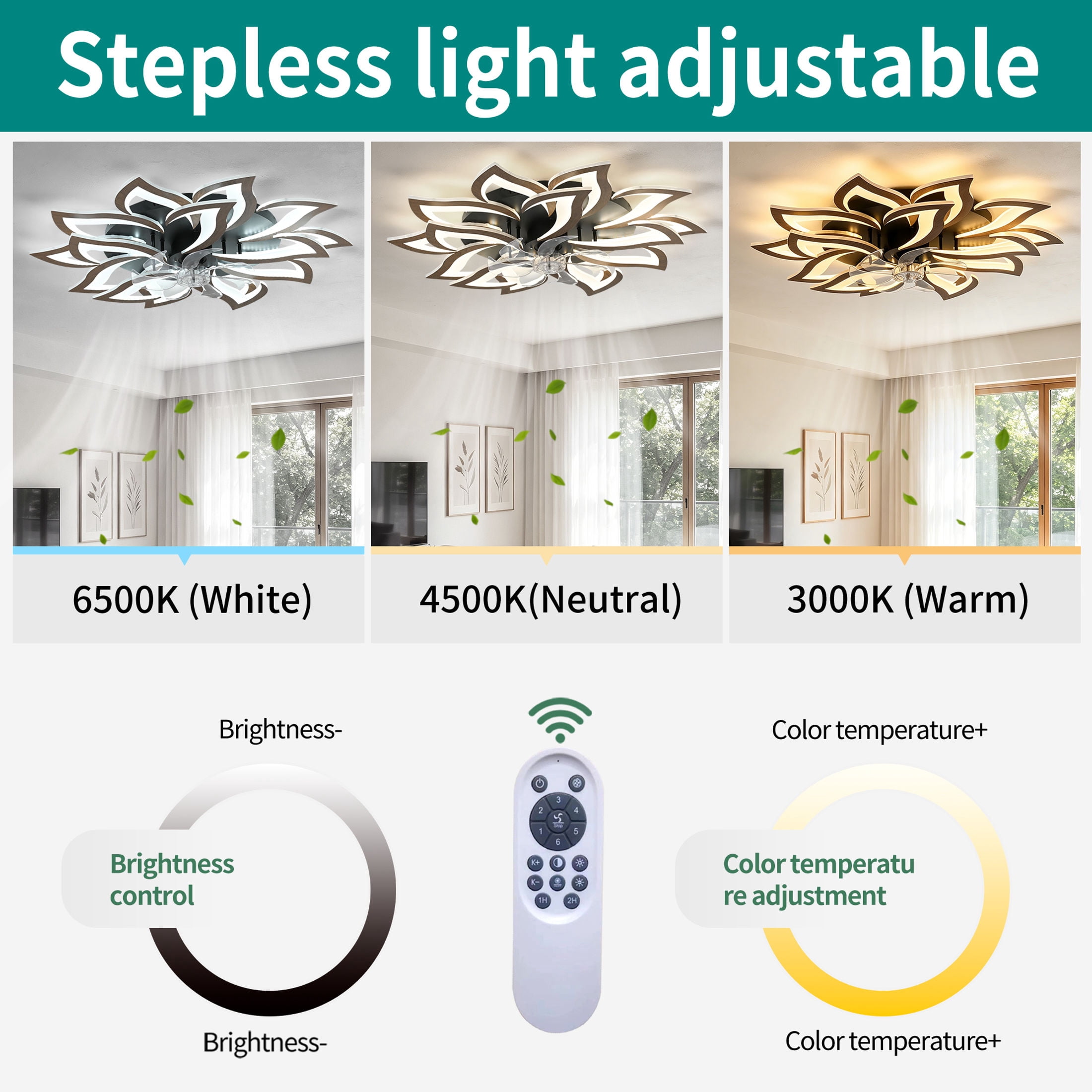 GDF Studio 15-Head Flower Modern Ceiling Fan with LED Lights & Remote Control, Low Profile Flush Mount Fandelier, Wood