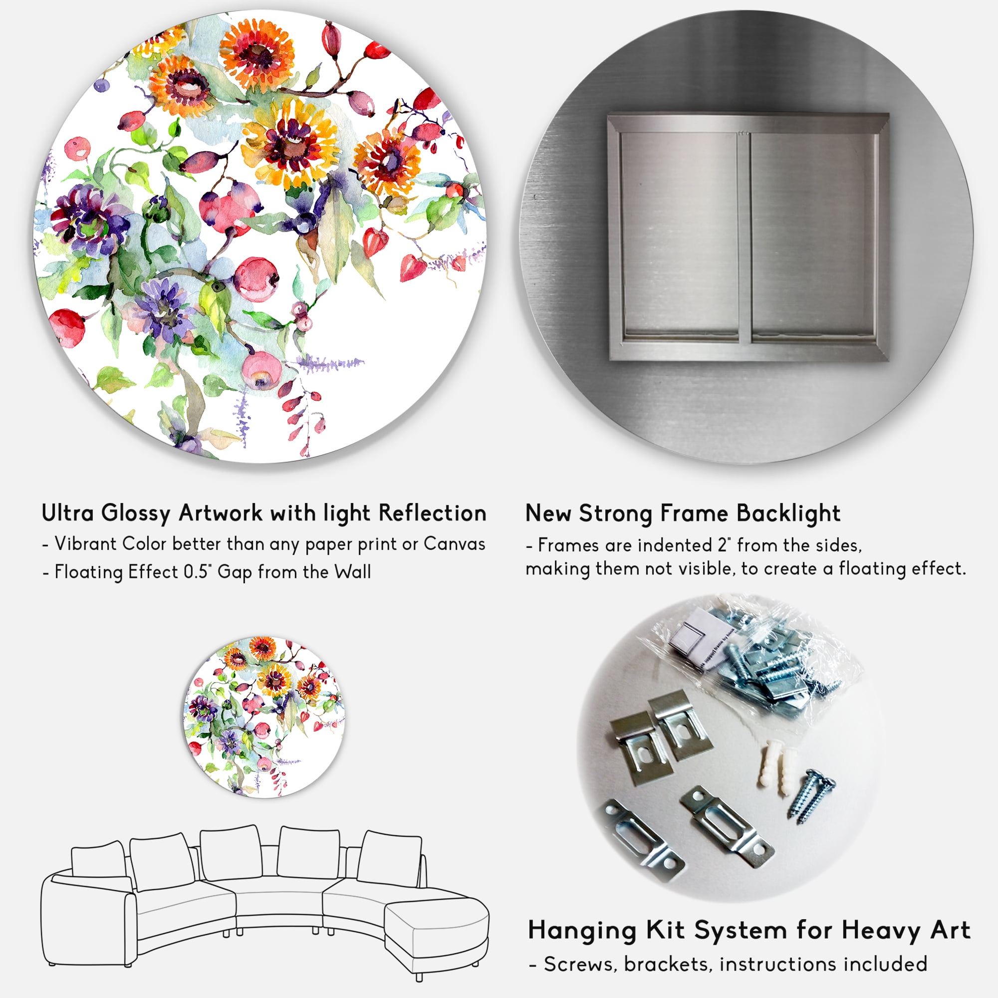 Designart 'Wildflowers and Vibrant Wild Spring Leaves XI' Modern Circle Metal Wall Art 29x29 - Disc of 29