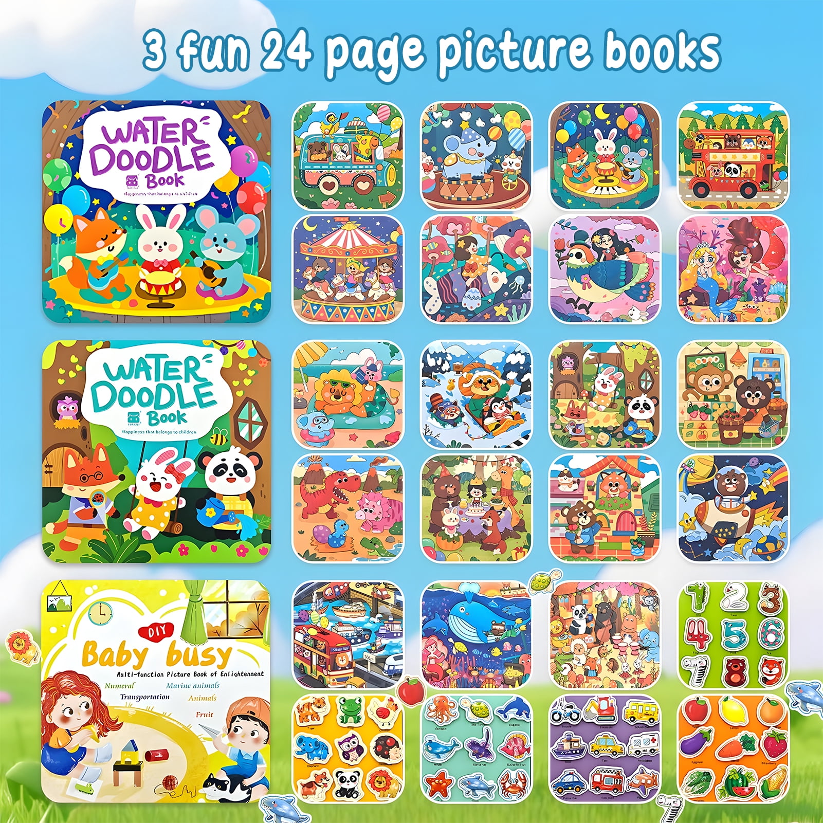 KiddiTouch Reusable Magic Water Painting Books, 3 Pack No Mess Paint Coloring Books with Water Pens, Travel Activity Toys Gifts for Boys & Girls Ages 3+