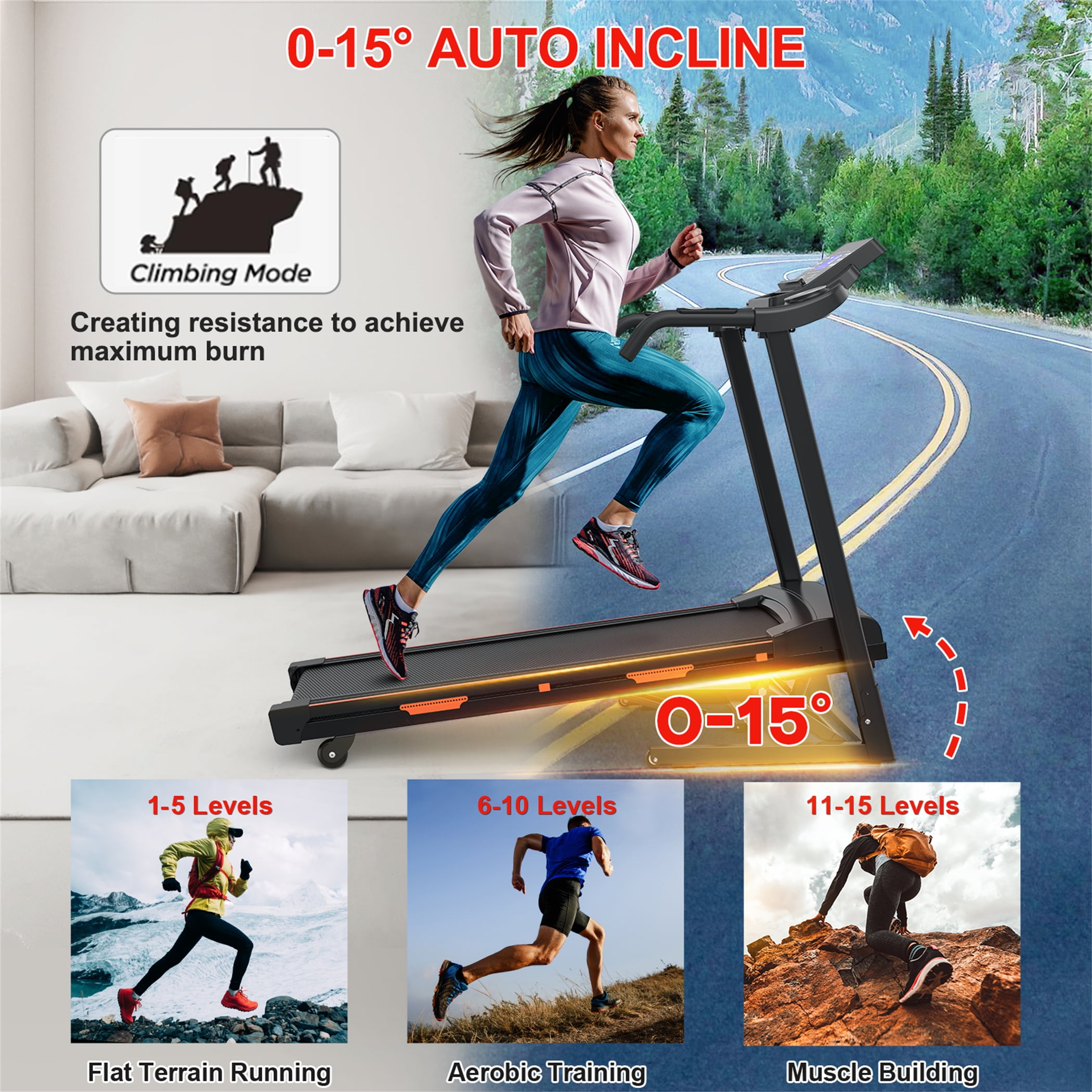 Aukfa Treadmill with Auto Incline, 330 lb Capacity, 3.25 HP Folding Electric Treadmill Running Machine 9 mph Max Speed
