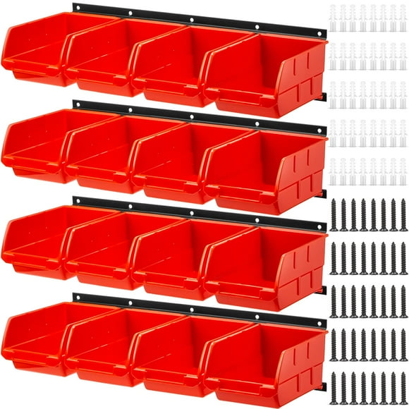 16 Pcs Plastic Wall Mounted Storage Bins (6.3inch x 3.2inch x 4inch) Hanging Stackable Storage with 4 Pieces Horizontal Shelf Trays Screw Organizers and Storage Bins Tool