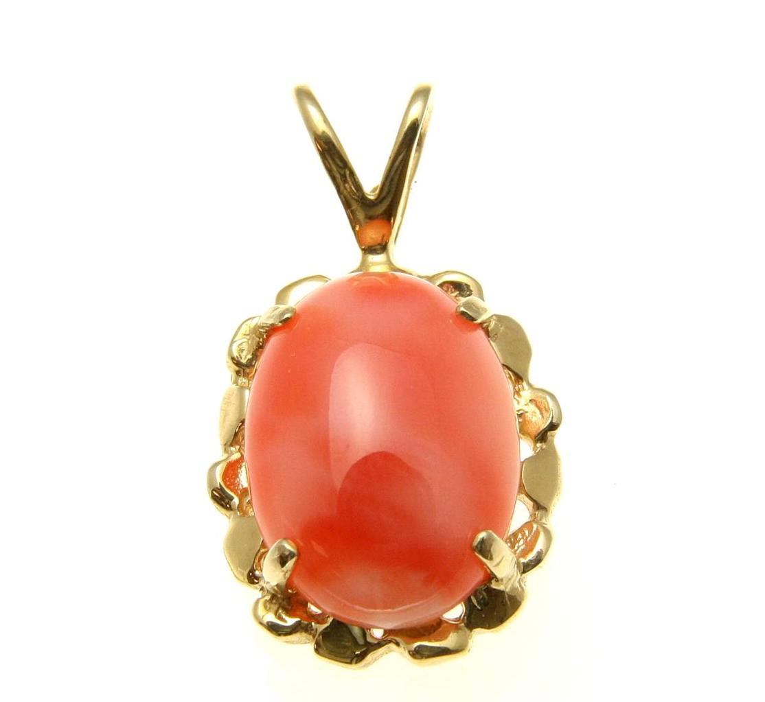 Geniune natural pink coral pendant set in solid 14k yellow gold 14.5mm by