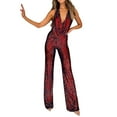 thumbnail image 2 of Jumpsuit Sleeveless Sequin Rompers For Women,Red Sleeveless Halter Sequin Rompers S, 2 of 5