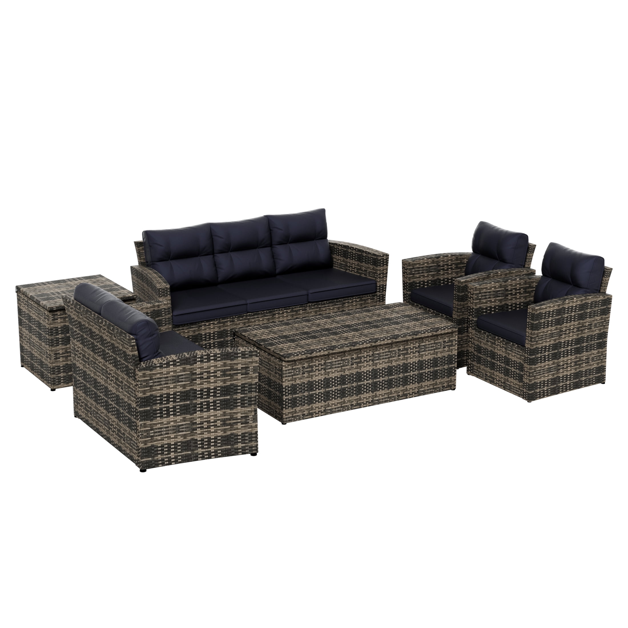 Westin Outdoor 6-Pieces Sofa Conversation Set PE Rattan Wicker Furniture, Brown/Navy Blue